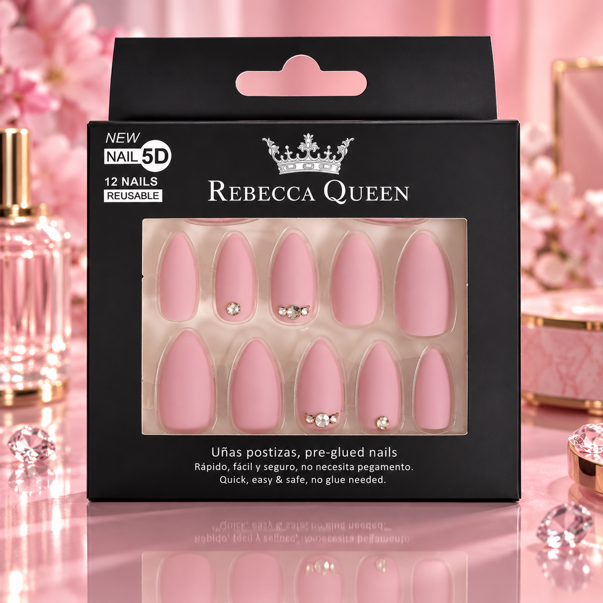 Lot de 12 Pièces - Faux Ongles 5D Rebecca Queen  – Pré-encollés, Réutilisables et Décorés de Strass - Yes Love