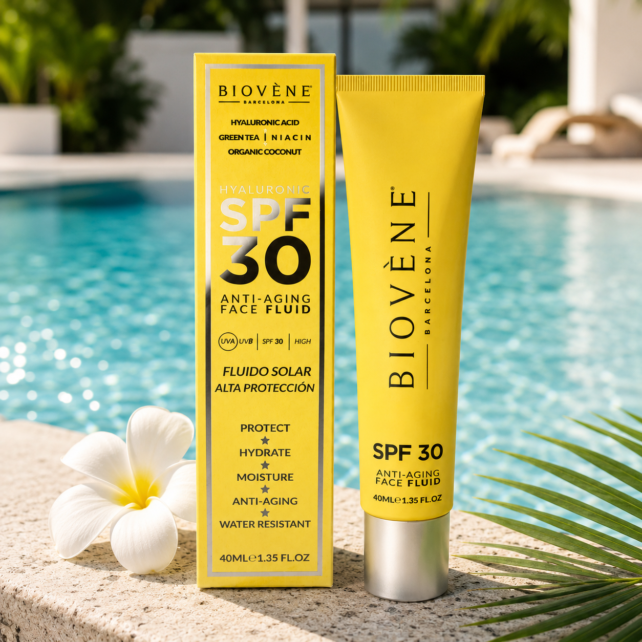 Lot de 6 Pièces - Fluide Solaire Visage SPF30 Acide Hyaluronique Haute Protection Anti-Âge – 40 ml - biovene Barcelona