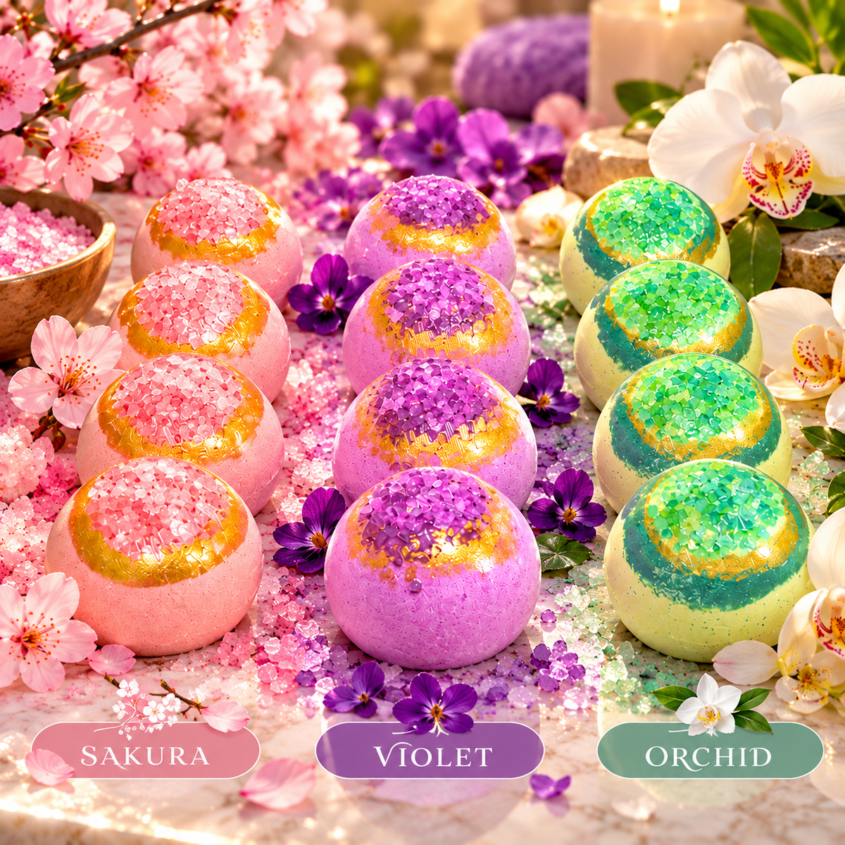 Set of 12 Zen bath bombs with bath salts, IDC Institute 99019