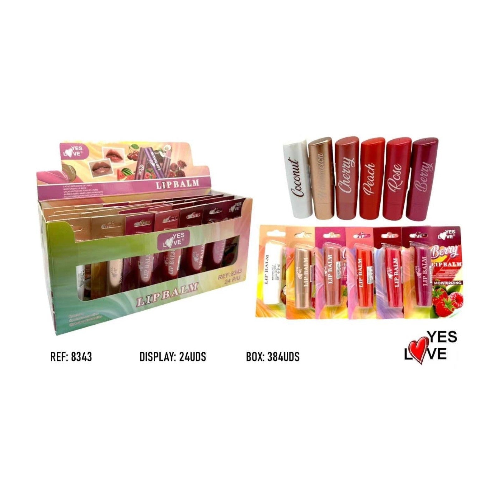 Pack of 24 colored and fruity lip balms 8343 - Yes love 