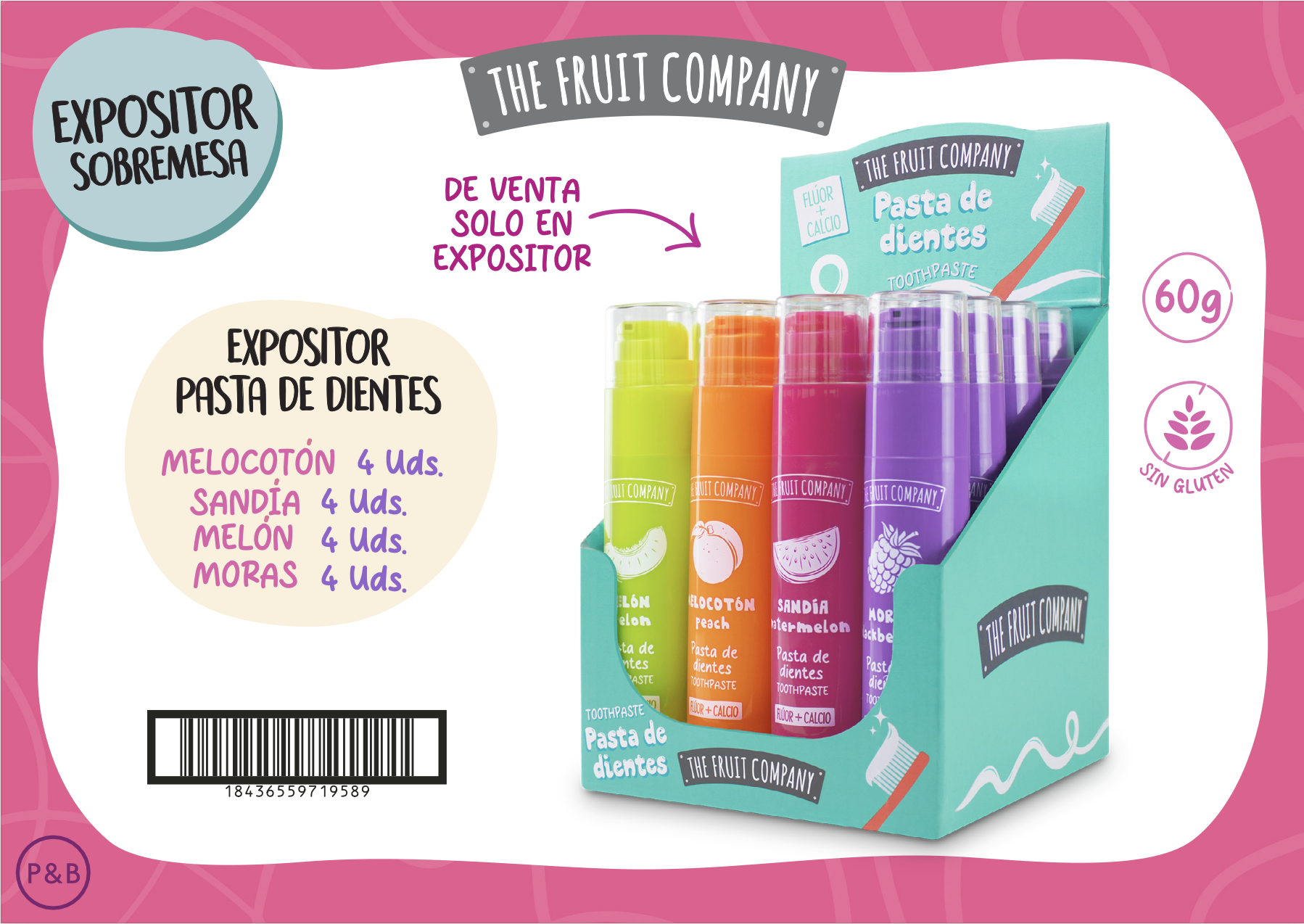 Lot de 16 Présentoir  - Dentifrice Fruité Fluor - The fruit Company