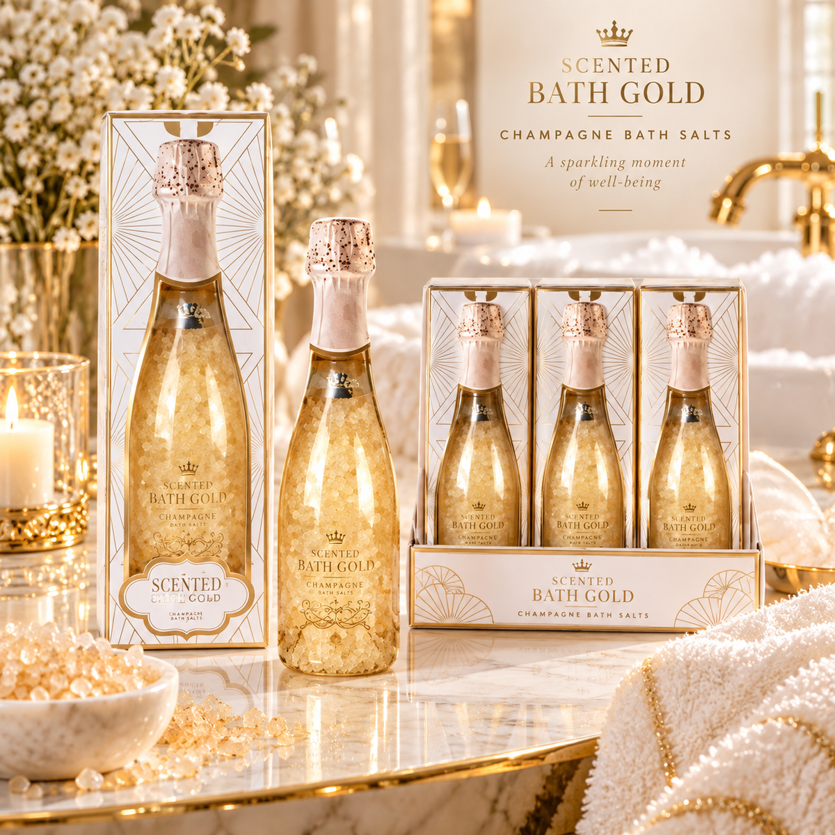 Lot de 6 Pièces - 6 Bouteilles de Champagne Gold - Sels de Bain - IDC Institute