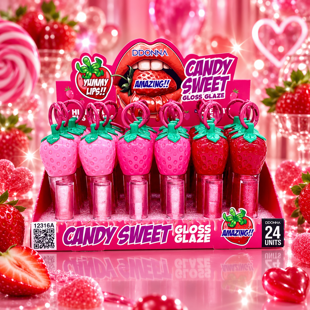 Lot de 24 Pièces - Gloss Glaze Candy Sweet D’Donna – Gloss Fraise Hydratant avec Porte-Clés – D'Donna