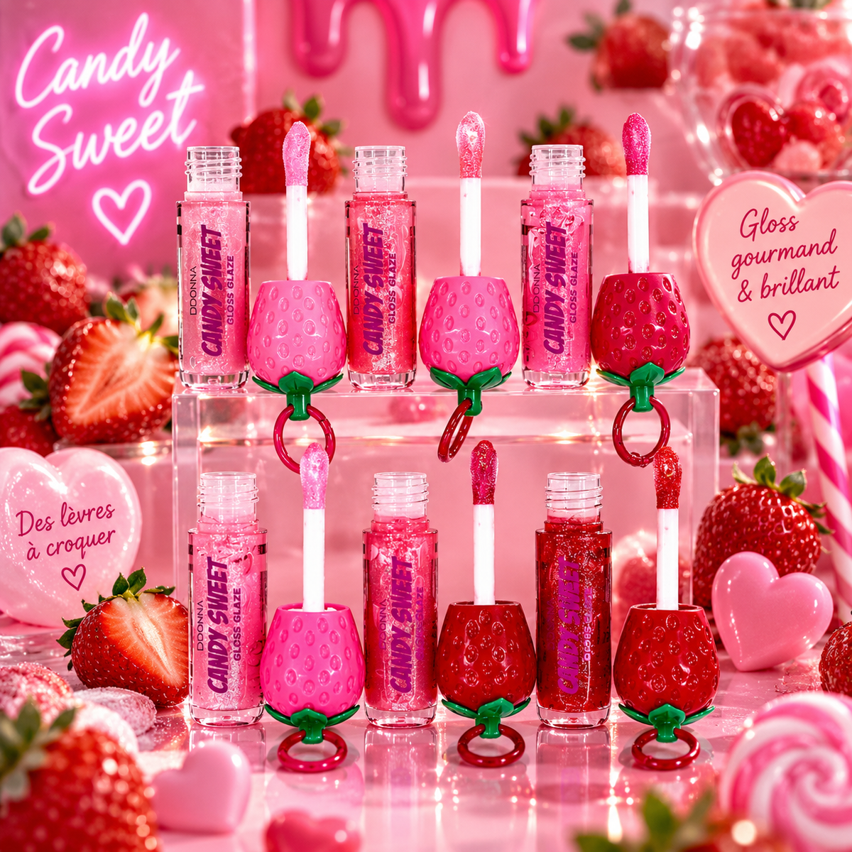 Lot de 24 Pièces - Gloss Glaze Candy Sweet D’Donna – Gloss Fraise Hydratant avec Porte-Clés – D'Donna