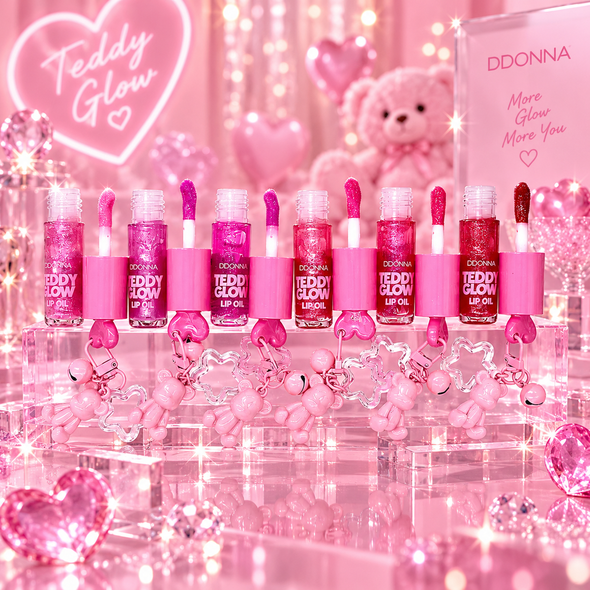 Lot de 24 Pièces - Gloss Oil Teddy Glow D’Donna – Gloss Hydratant avec Porte-Clés Ourson – D'Donna