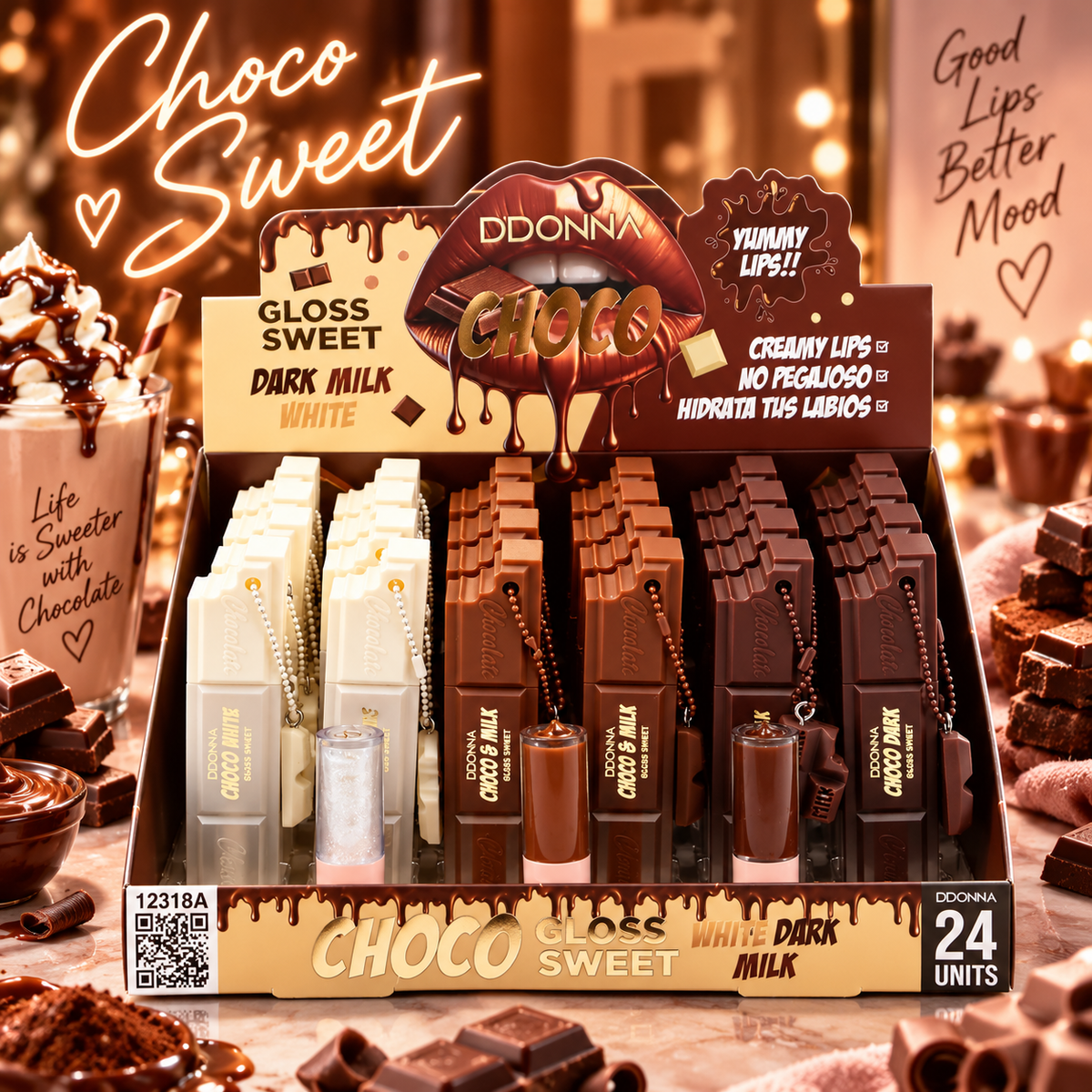 Lot de 24 Pièces - 🍫 Gloss Sweet Choco  – Chocolat Blanc, Lait & Noir – D'Donna