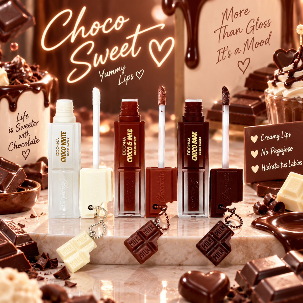 Lot de 24 Pièces - 🍫 Gloss Sweet Choco  – Chocolat Blanc, Lait & Noir – D'Donna