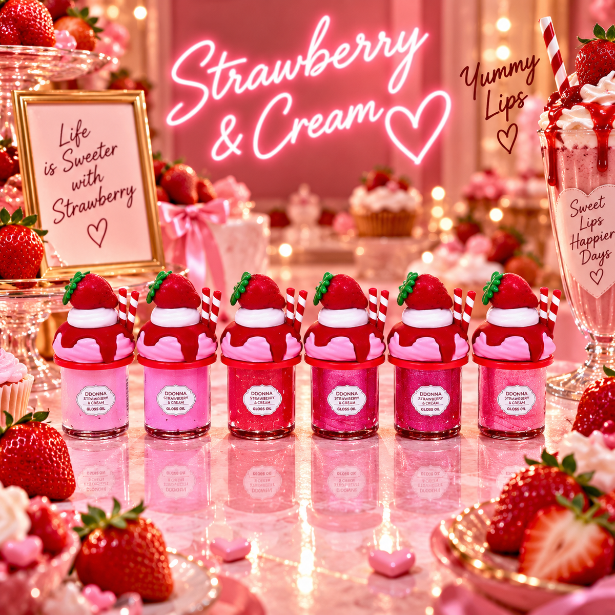 🍓 Lot de 24 Pièces - Gloss Oil Strawberry & Cream – Collection Yummy Lips – D'Donna