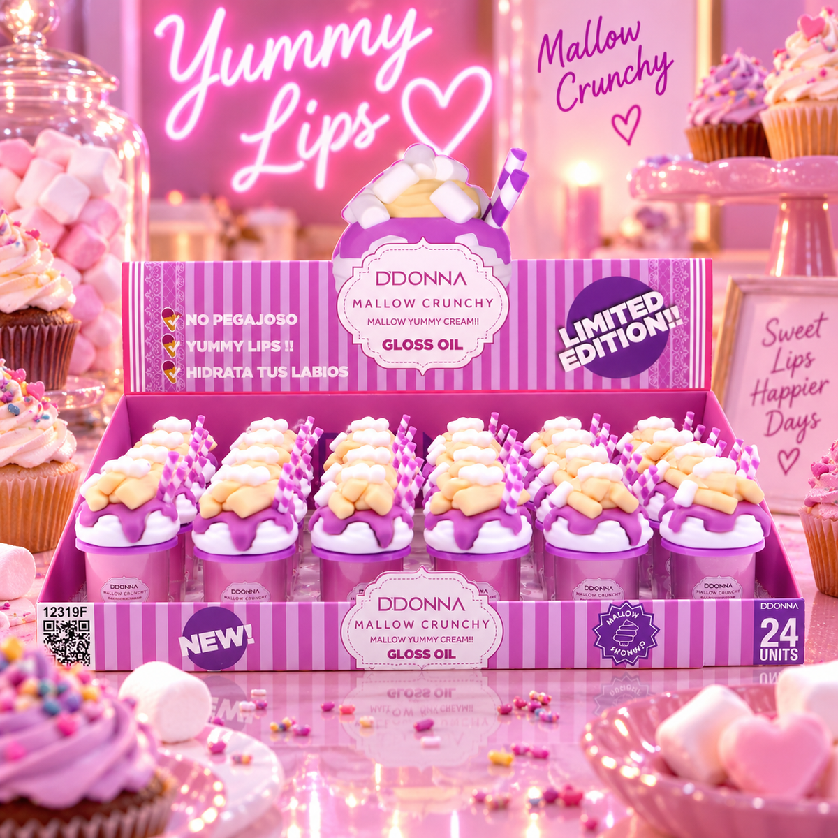 Lot de 24 Pièces - 🍬 Gloss Oil Mallow Crunchy – Collection Yummy Lips – D'Donna
