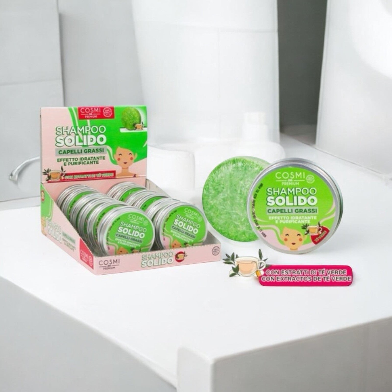 Pack of 12 solid green tea shampoo bars - Cosmi premium