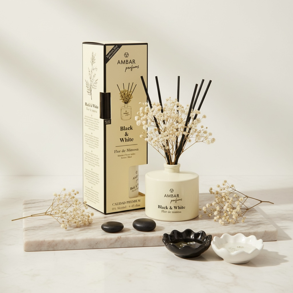 Lot de 12 (2,60 la pièce) Mikado diffuseur de parfum "black & white" flor de mimosa - Ambar