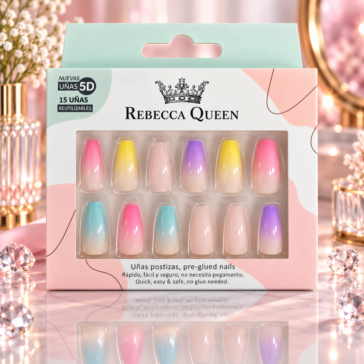 Lot de 12 Pièces - Faux Ongles 5D Rebecca Queen – Pré-encollés, French, Pailletés & Effet Irisé