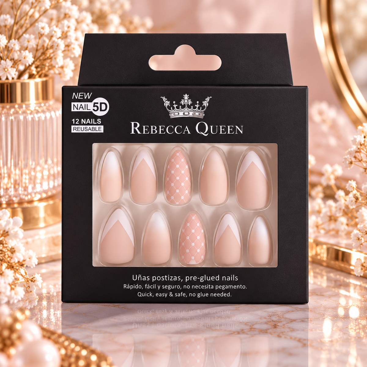 Lot de 12 Pièces - Faux Ongles Autocollants Rebecca Queen 5D – Yes Love