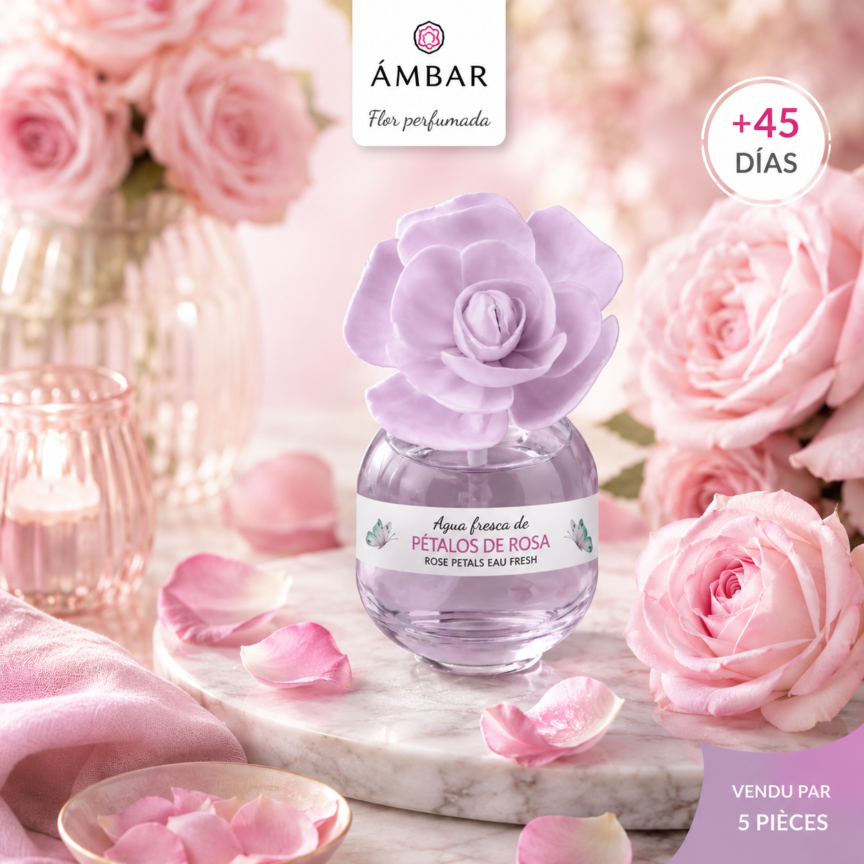 Set of 5 "agua fresca" rose petal diffuser flowers, 60ml - Ambar