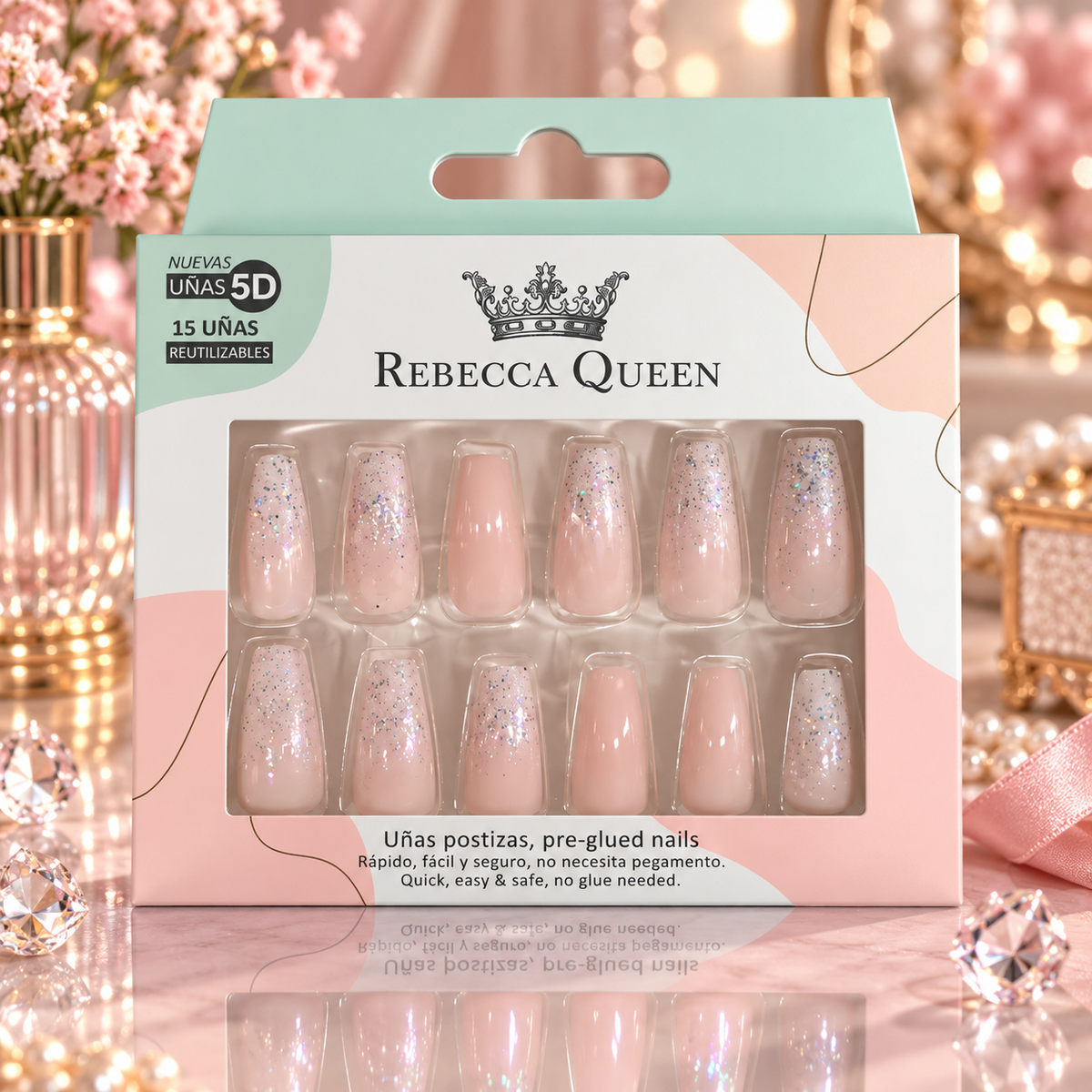 Lot de 12 Pièces - Faux Ongles 5D Rebecca Queen – Pré-encollés, French, Pailletés & Effet Irisé