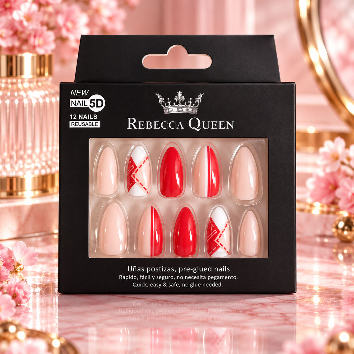 Lot de 12 Pièces - Faux Ongles Autocollants Rebecca Queen 5D – Yes Love