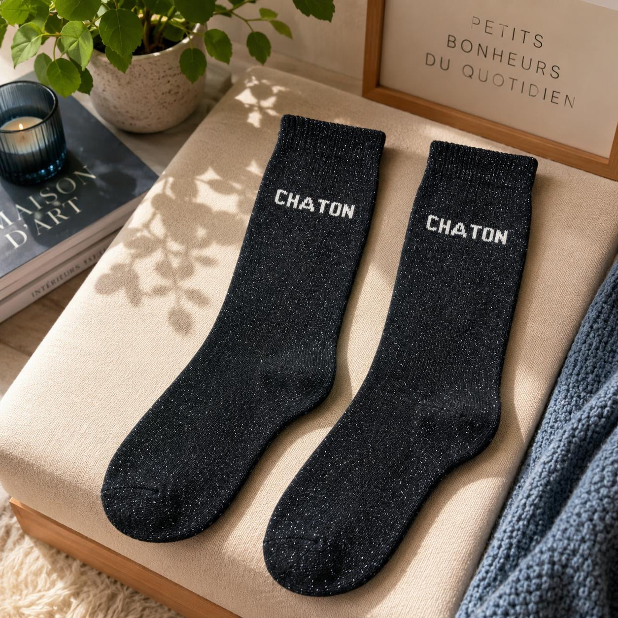 Lot de 5 Pièces - Paire de Chaussettes Fun "CHATON" Bleu Nuit - Jolis Mots Tendres