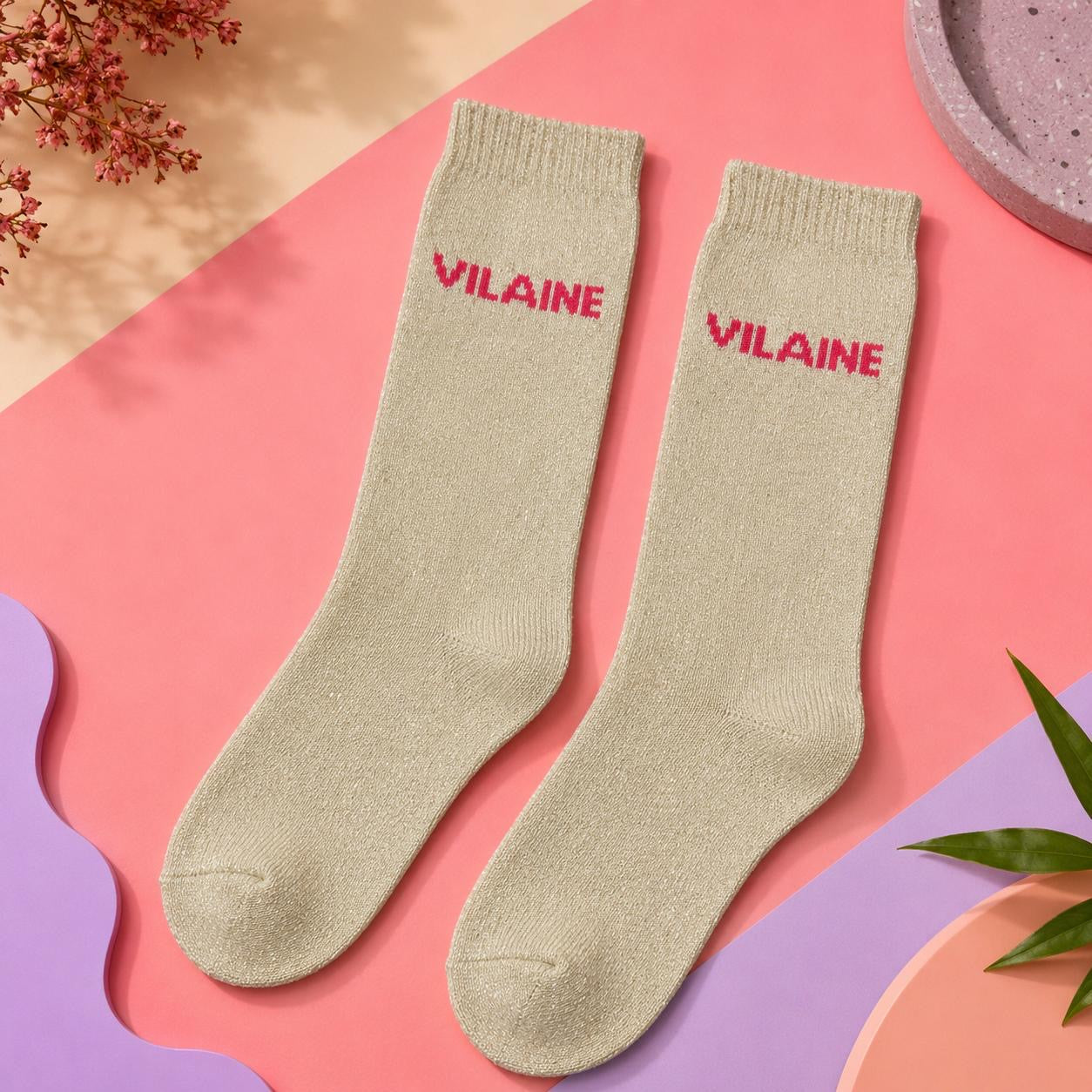 Lot de 5 Pièces - Paire de Chaussettes Fun "VILAINE" Beige Doré - Jolis Mots Tendres
