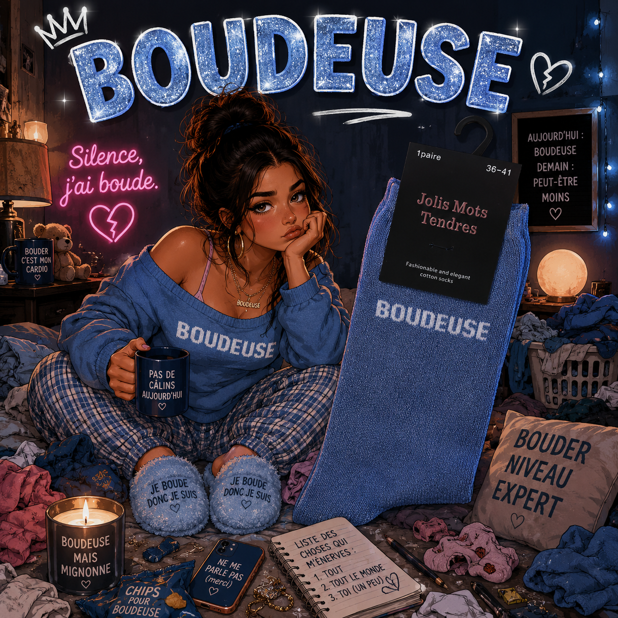 Lot de 5 Pièces - Paire de Chaussettes Fun "BOUDEUSE" Bleu - Jolis Mots Tendres