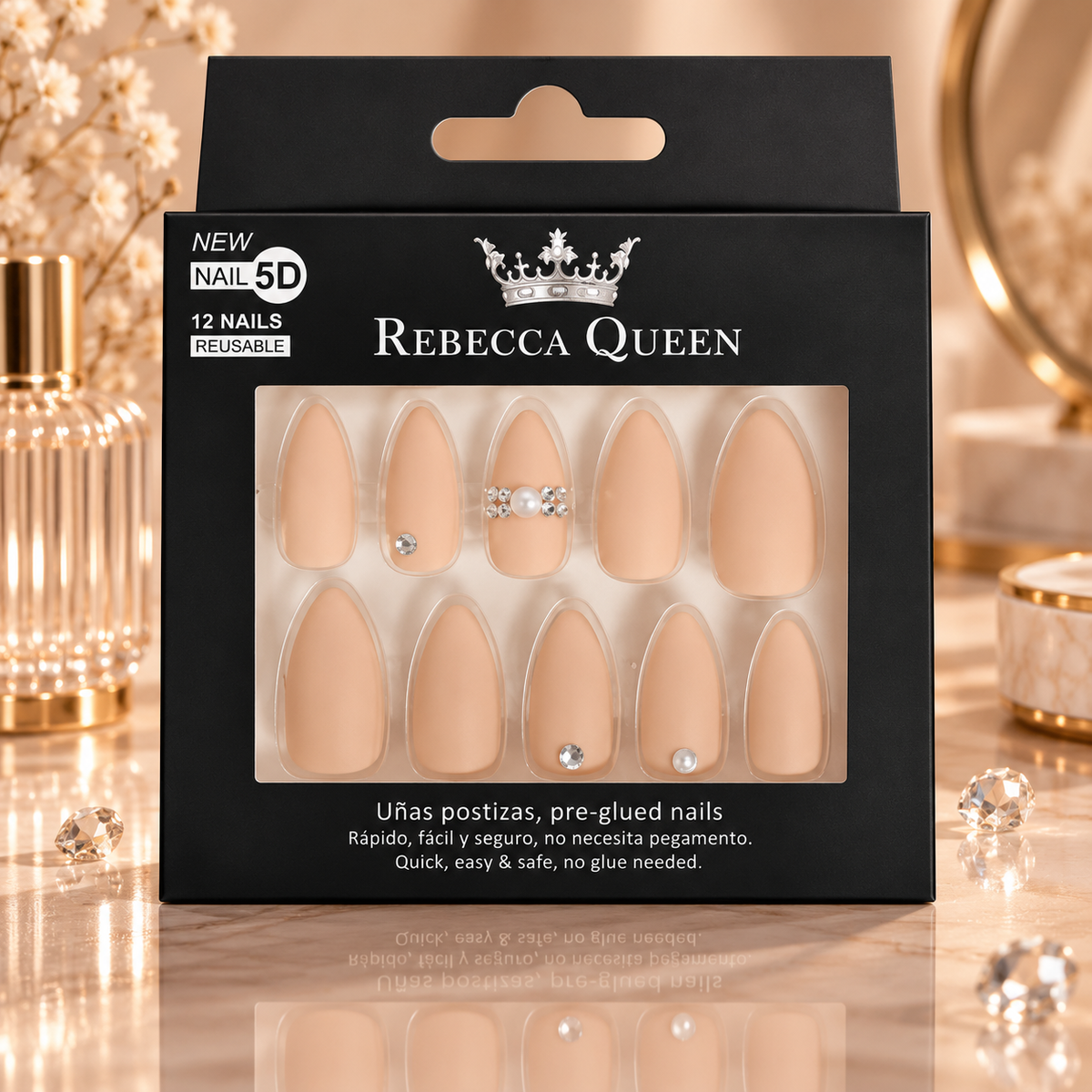 Lot de 12 Pièces - Faux Ongles 5D Rebecca Queen  – Pré-encollés, Réutilisables et Décorés de Strass - Yes Love