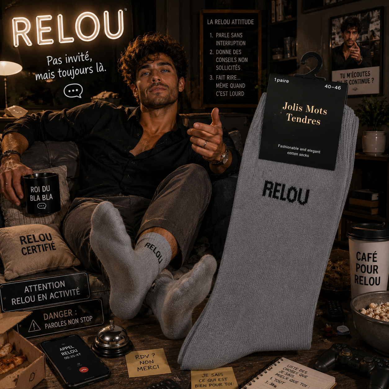 Lot de 5 Paires - Chaussette Pour Homme "RELOU" Grise - Jolis Mots Tendres