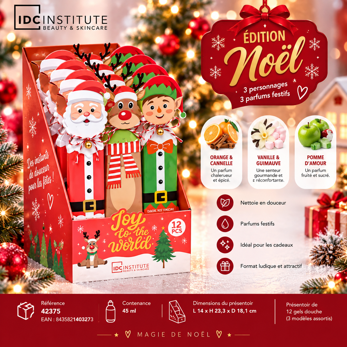 lot de 12 Pièces - Gels Douche Noël IDC Institute – 12 x 45 ml – 3 senteurs&nbsp;