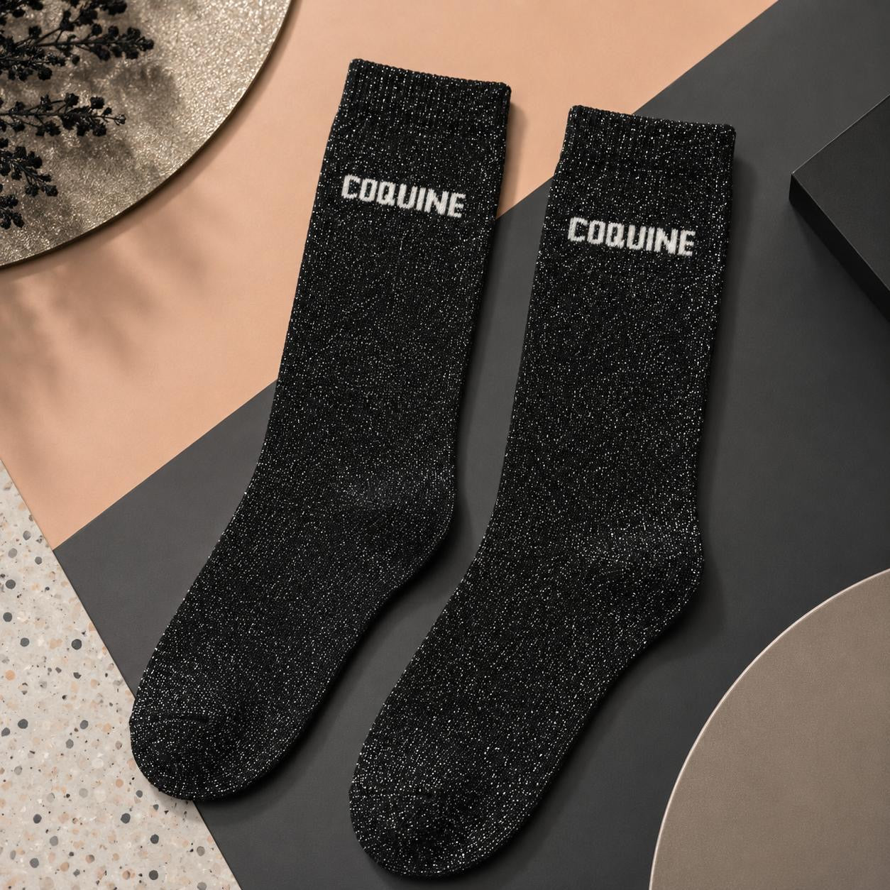 Lot de 5 Pièces - Paire de Chaussettes Fun "COQUINE" Noir - Jolis Mots Tendres