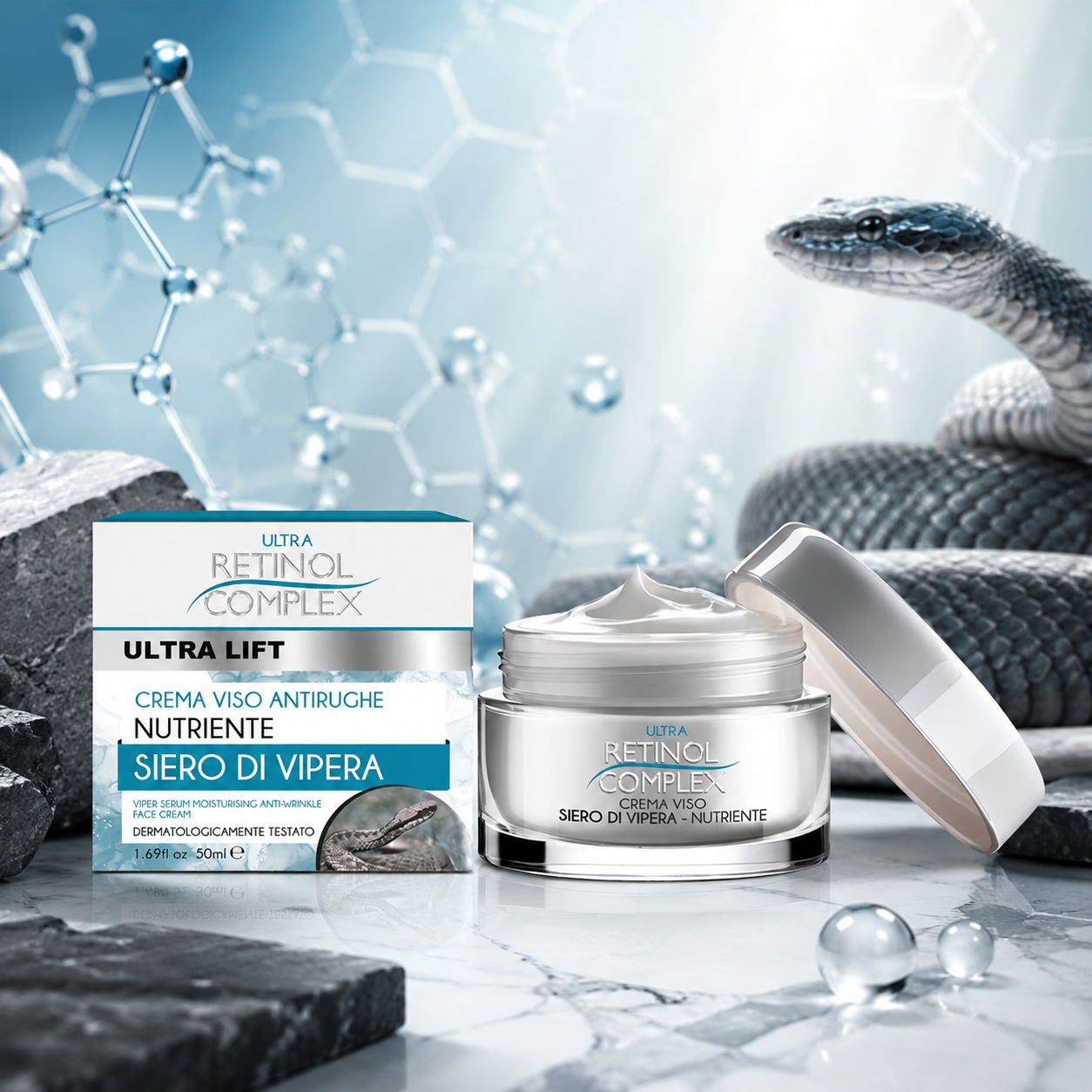 Anti-wrinkle cream with retinol complex and snake venom
