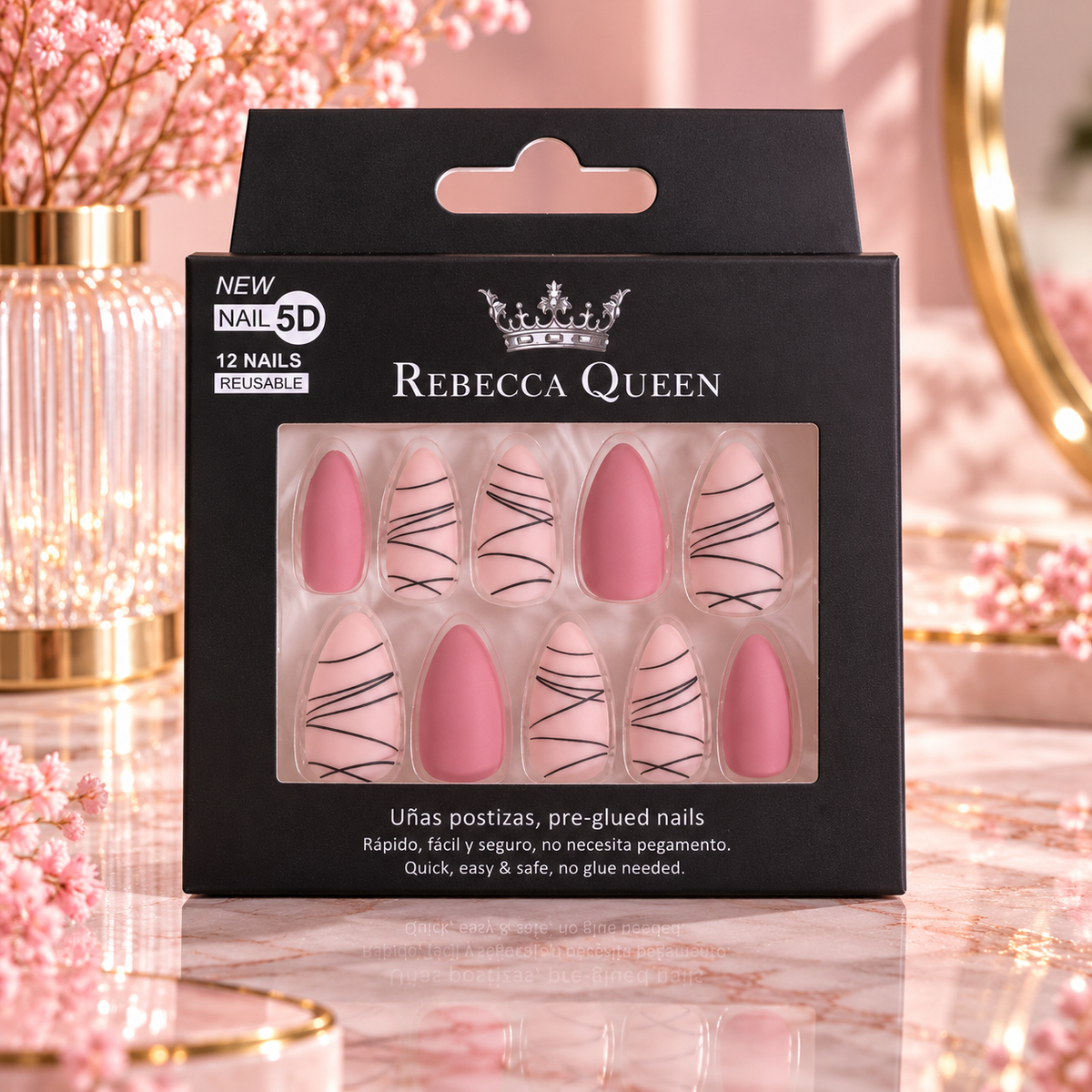 Lot de 12 Pièces - Faux Ongles Autocollants Rebecca Queen 5D – Yes Love