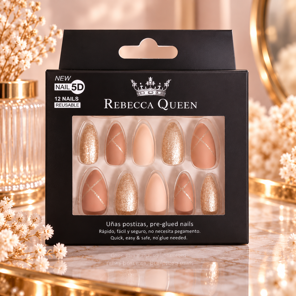 Lot de 12 Pièces - Faux Ongles Autocollants Rebecca Queen 5D – Yes Love