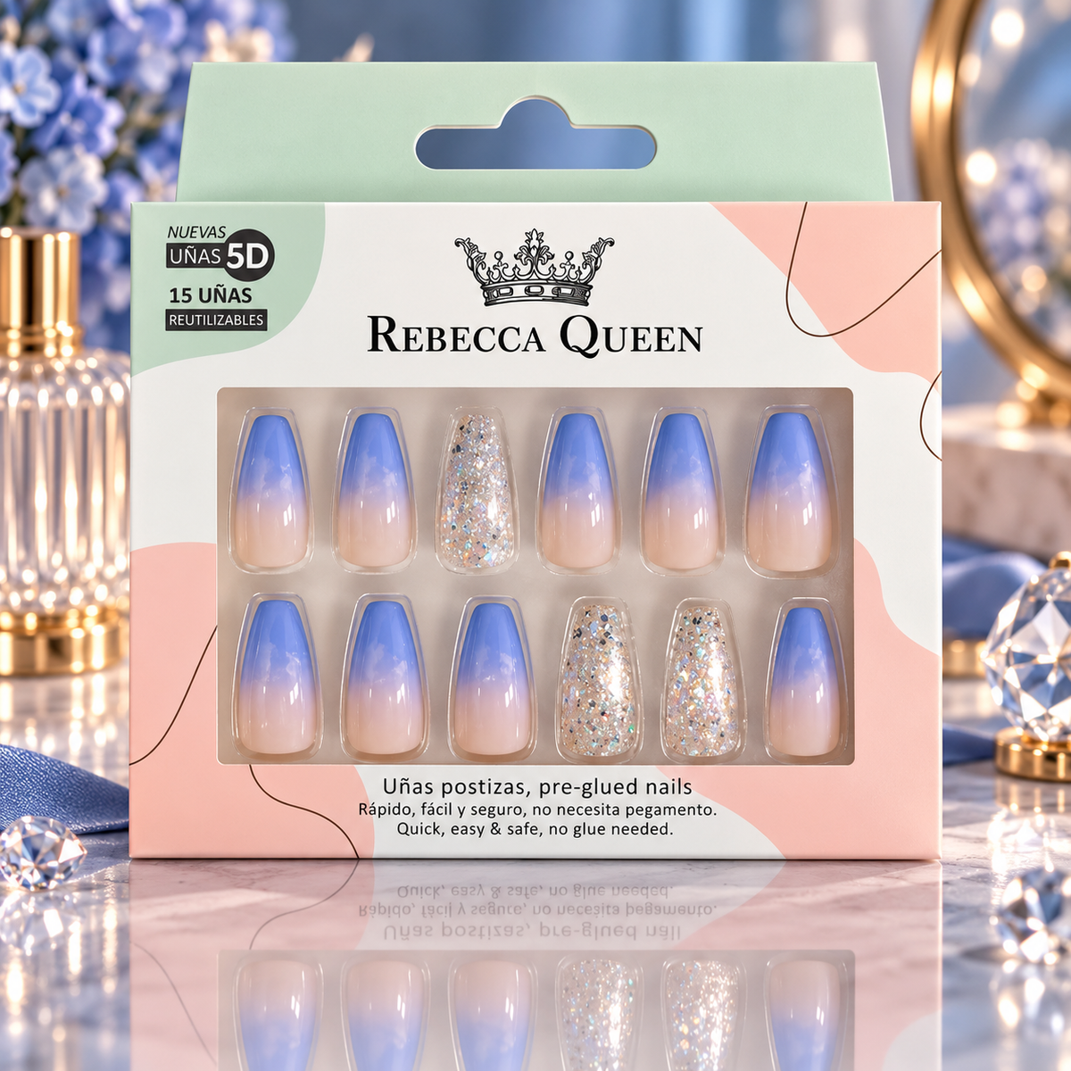 Lot de 12 Pièces - Faux Ongles 5D Rebecca Queen – Pré-encollés, French, Pailletés & Effet Irisé