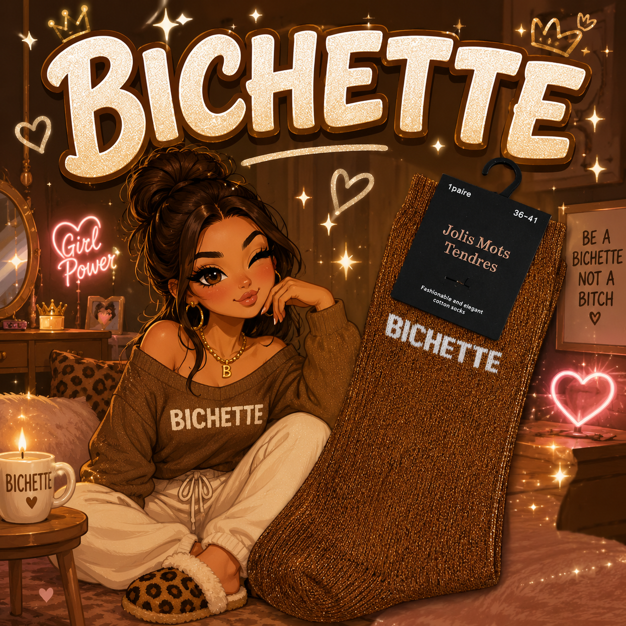 Lot de 5 Pièces - Paire de Chaussettes Fun "BICHETTE" Bronze - Jolis Mots Tendres