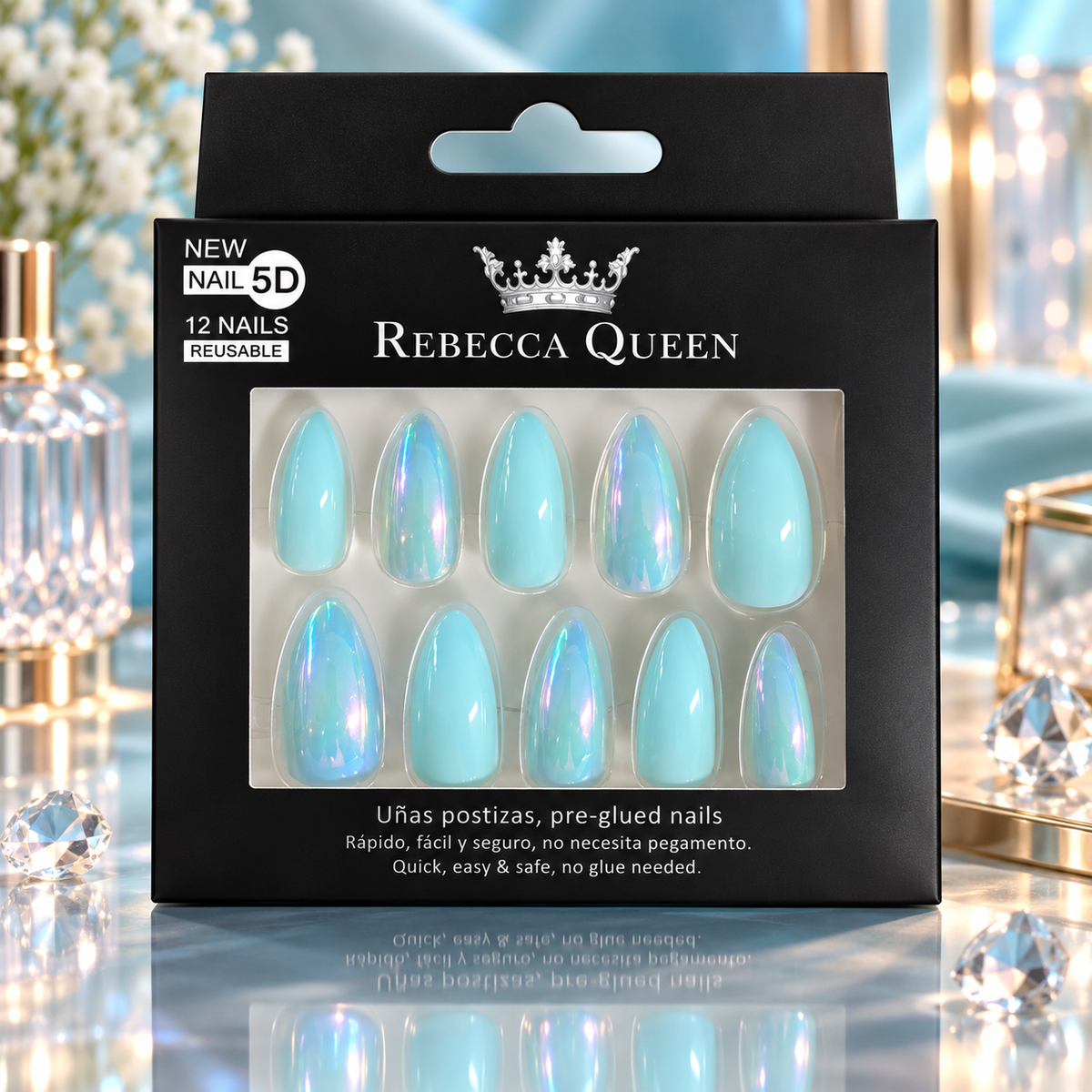 Lot de 12 Pièces - Faux Ongles 5D Rebecca Queen – Pré-encollés, Brillants & Holographiques – Yes Love