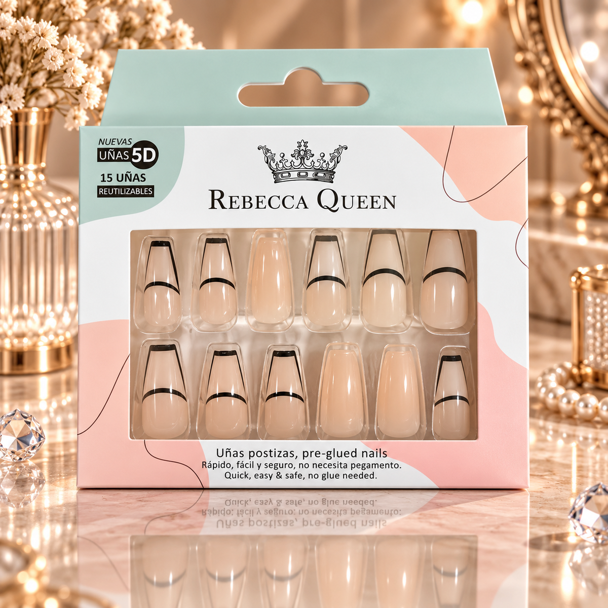 Lot de 12 Pièces - Faux Ongles 5D Rebecca Queen – Pré-encollés, French, Pailletés & Effet Irisé