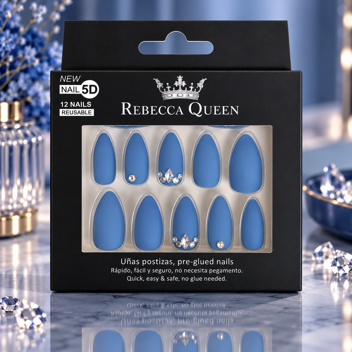 Lot de 12 Pièces - Faux Ongles 5D Rebecca Queen  – Pré-encollés, Réutilisables et Décorés de Strass - Yes Love