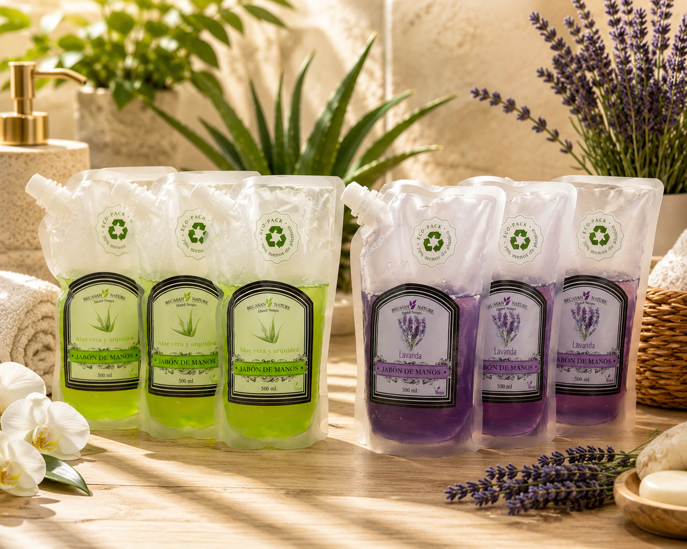 Lot de 6 Pièces - Lot Mixte Recharge Savon Pour Les Mains Aloe Vera & Lavande Vegan 500ml - Becasan