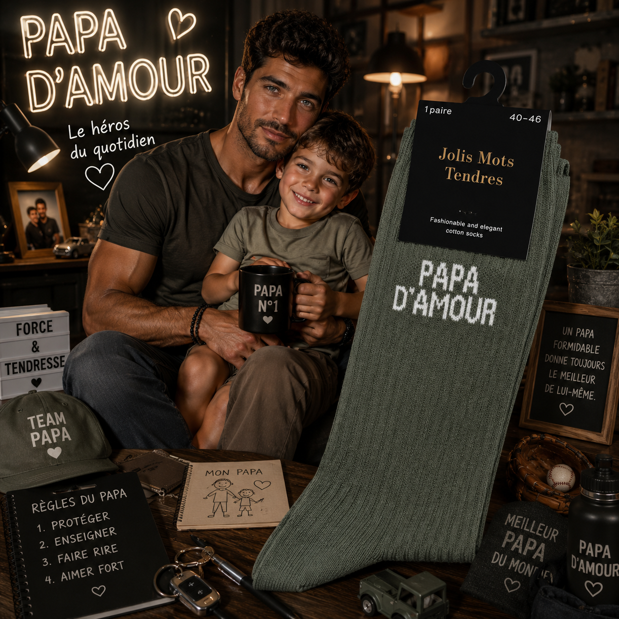 Lot de 5 Pièces - Chaussettes Homme Papa d’Amour – Vert Kaki - Jolis Mots Tendres