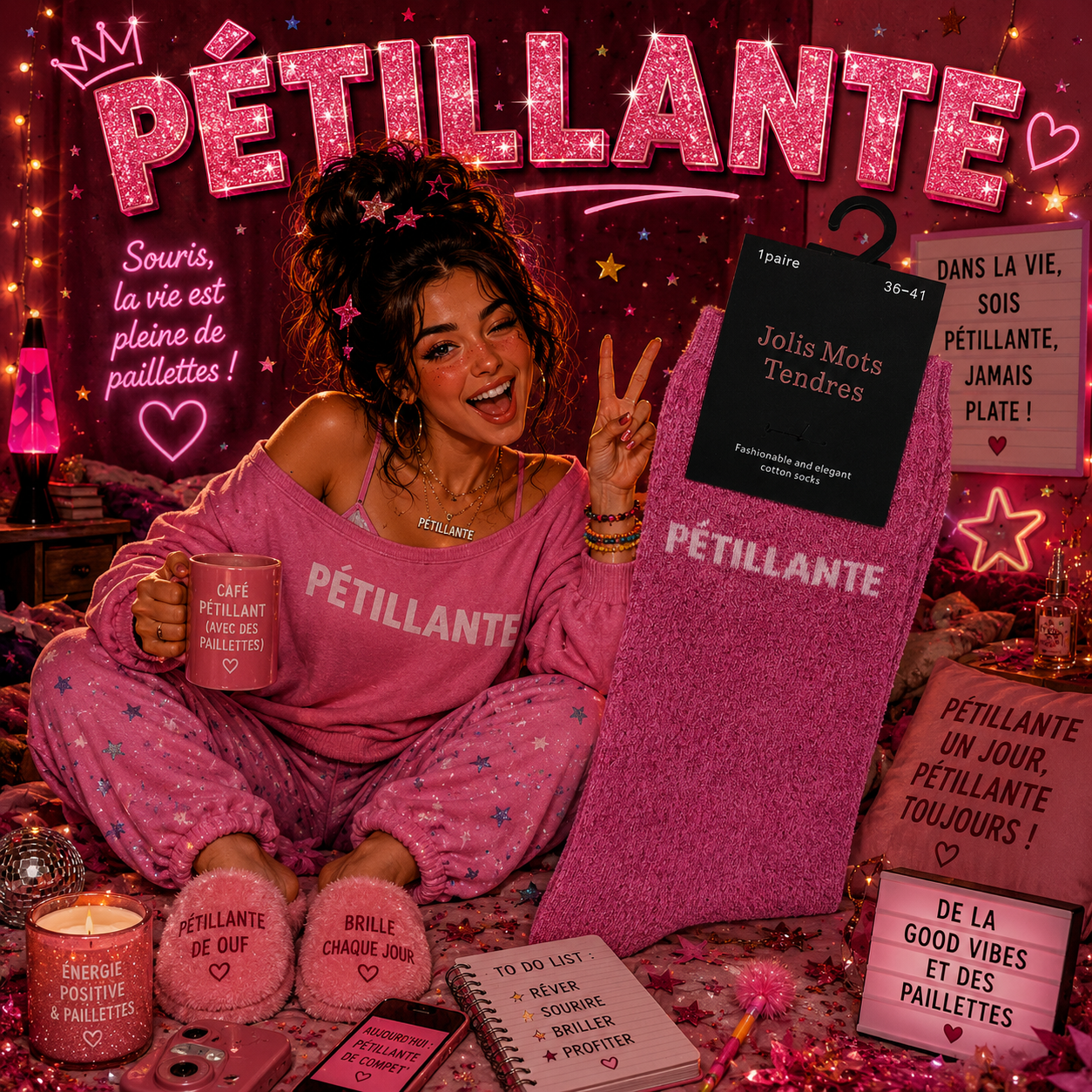 Lot de 5 Pièces - Paire de Chaussettes Fun "PÉTILLANTE " Rose - Jolis Mots Tendres