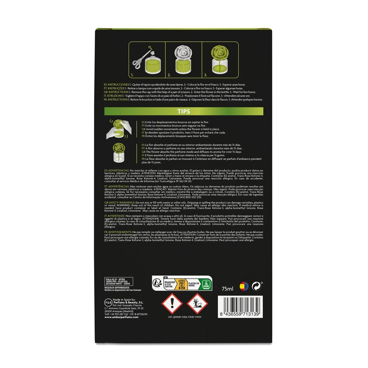 Set of 5 Pieces - Flower Dama de Noche Perfume Diffuser 75ml - Ambar