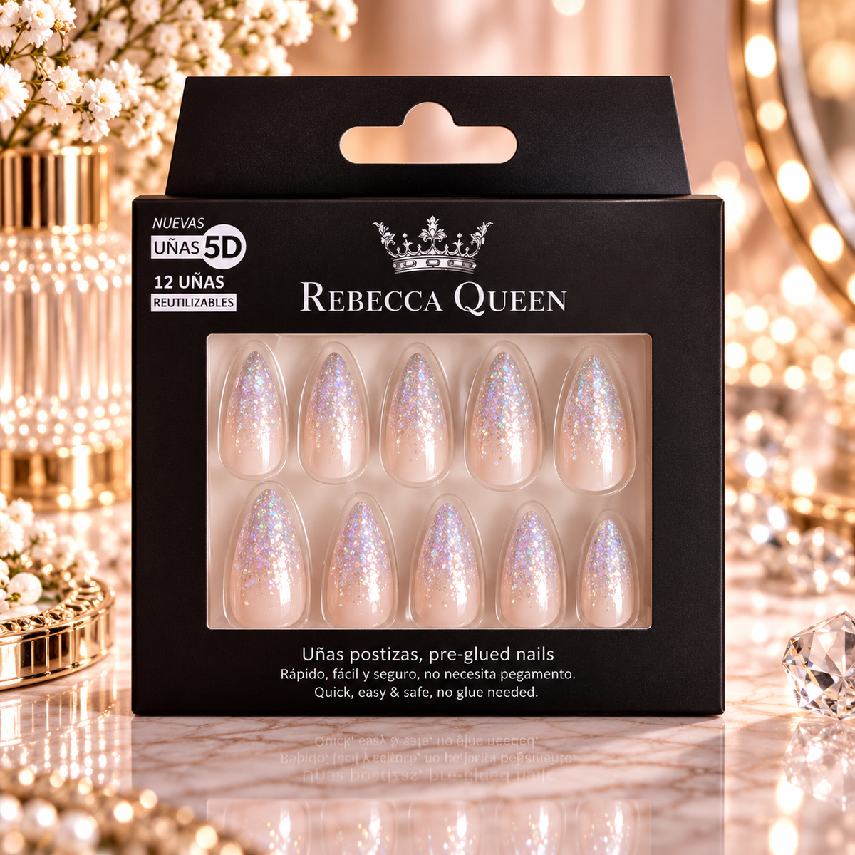 Lot de 12 Pièces - Faux Ongles Autocollants Baby Boomer Rebecca Queen 5D – 3 Modèles Assortis - Yes Love