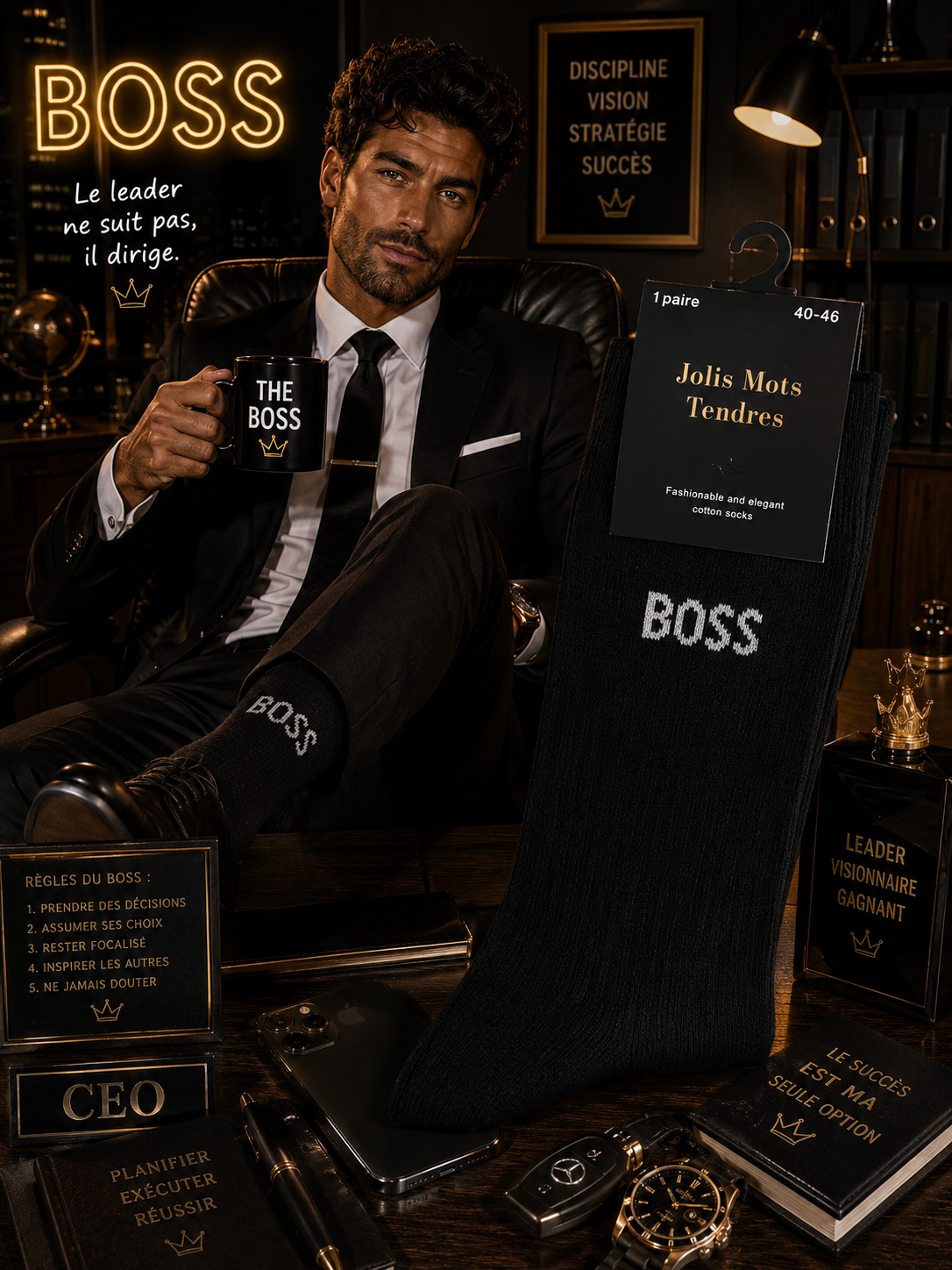 Lot de 5 Pièces - Chaussette pour Homme "BOSS" noire - Jolis Mots Tendres