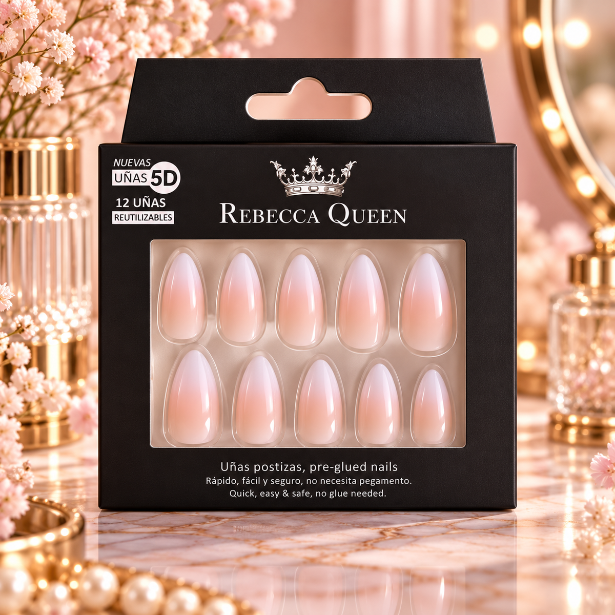 Lot de 12 Pièces - Faux Ongles Autocollants Baby Boomer Rebecca Queen 5D – 3 Modèles Assortis - Yes Love