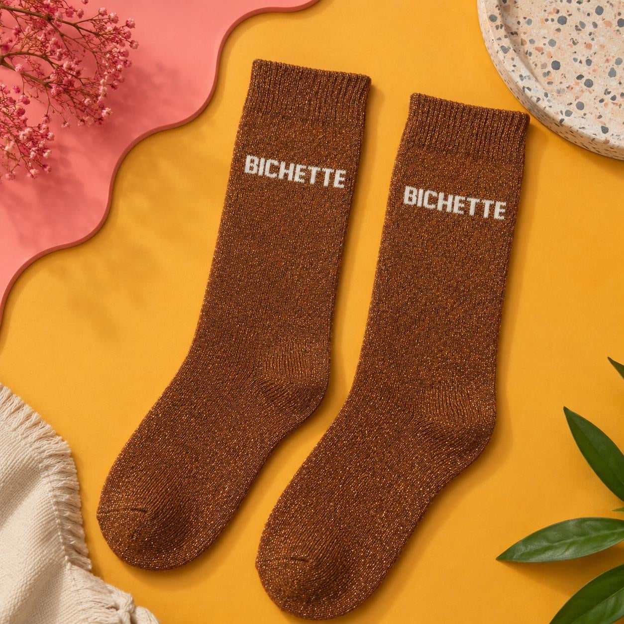 Lot de 5 Pièces - Paire de Chaussettes Fun "BICHETTE" Bronze - Jolis Mots Tendres
