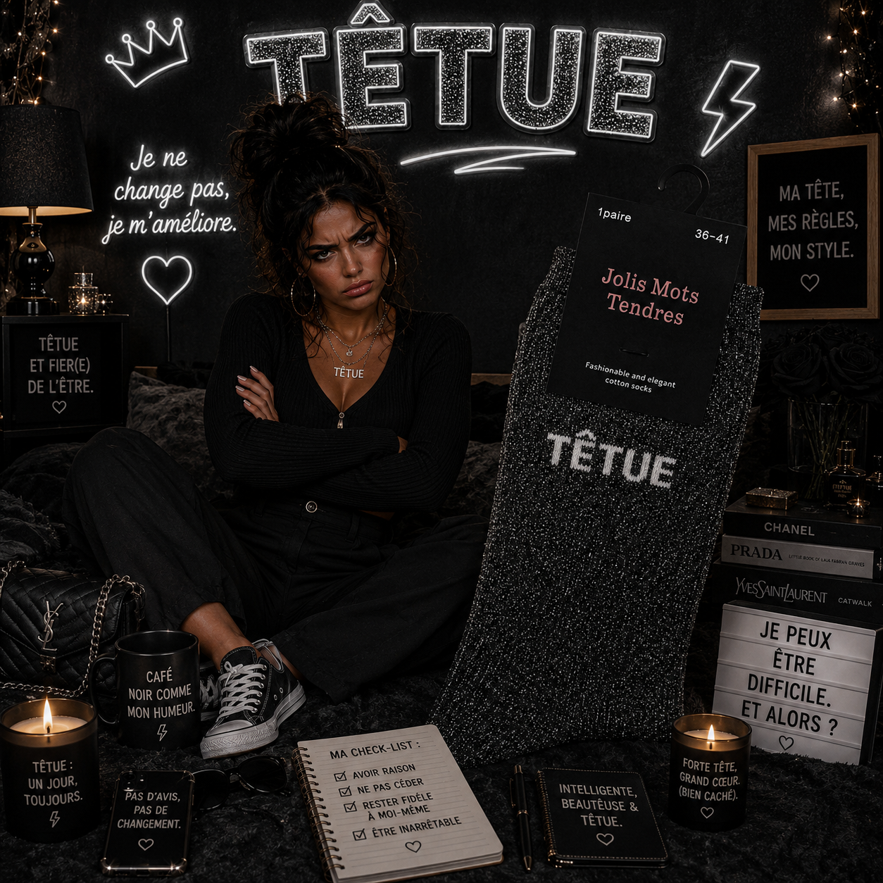 Lot de 5 Pièces - Paire de Chaussettes Fun "TÊTUE " Noir - Jolis Mots Tendres