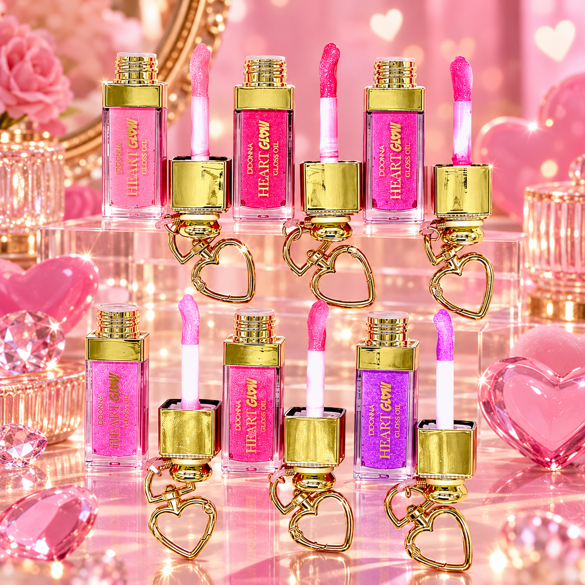 Lot de 24 Pièces - Gloss Oil Heart Glow D’Donna – Gloss Hydratant avec Porte-Clés Cœur – D'Donna