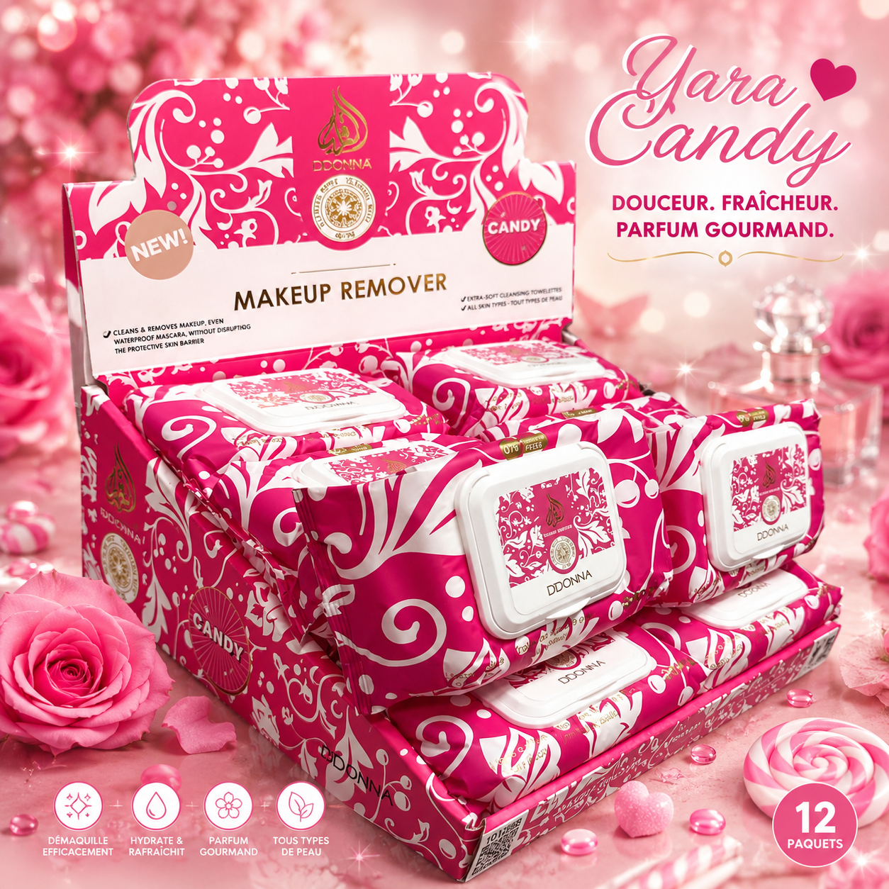 Lot de 12 Pièces - Lingettes Démaquillantes & Hydratante Parfumée Candy - D'Donna