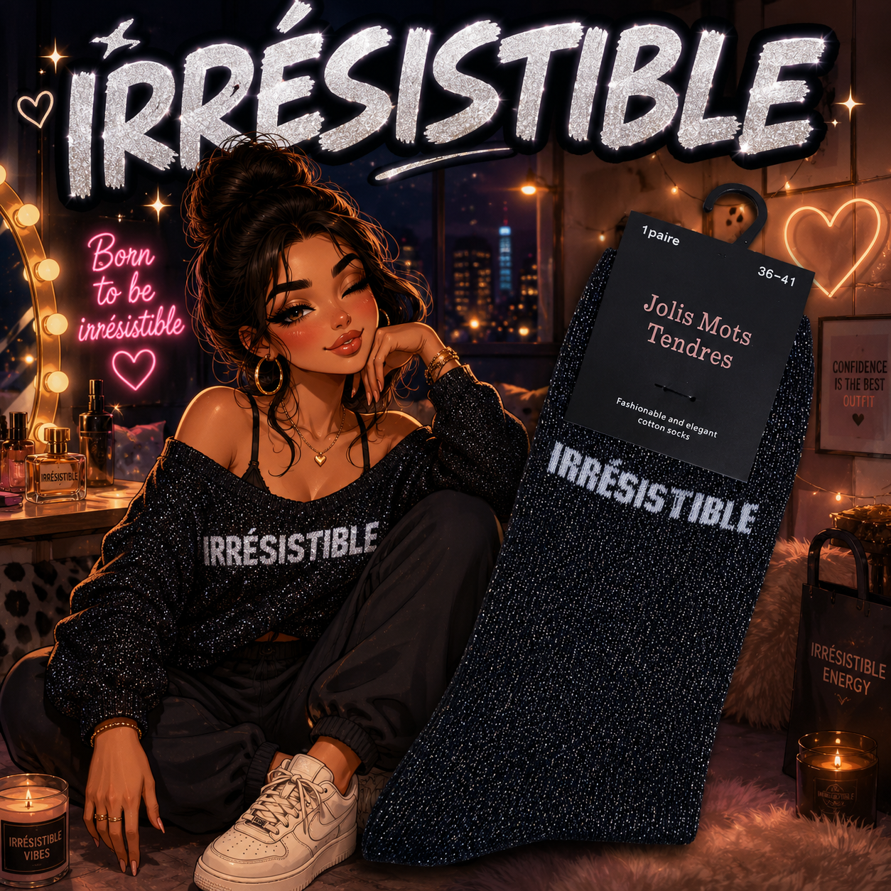 Lot de 5 Pièces - Paire de Chaussettes Fun "IRRÉSISTIBLE " Noir - Jolis Mots Tendres