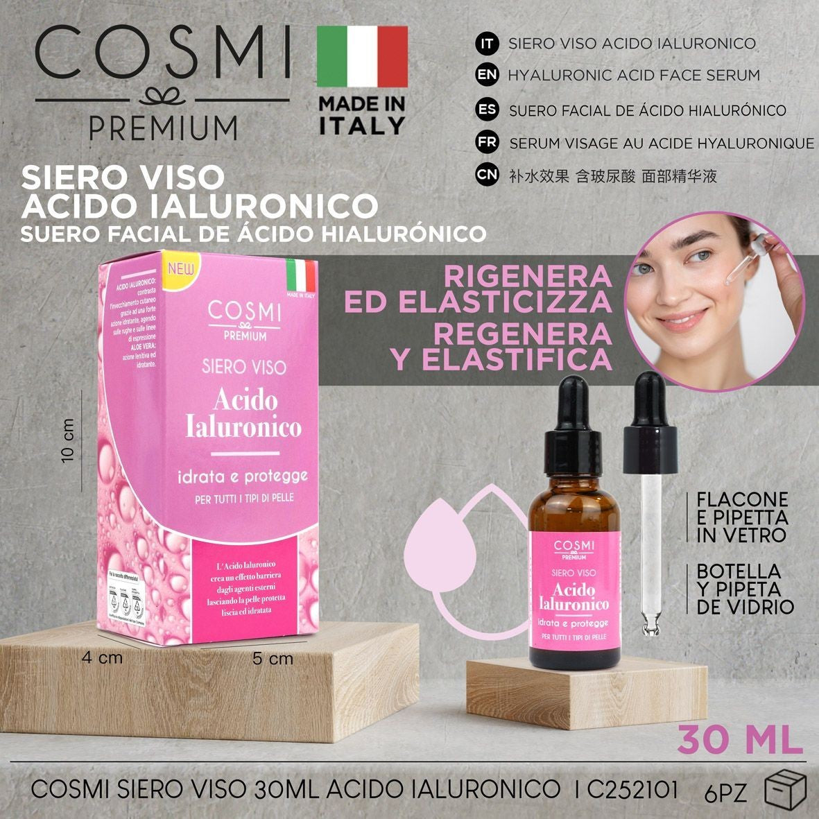 Hyaluronic acid face serum hydrates and protects, Cosmi Premium, 30ml