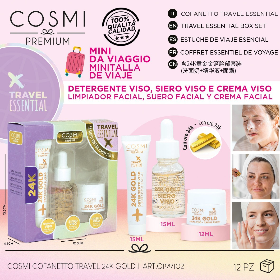 6-Piece Set - 24K Skin Care Travel Essential Kit - Cosmi Milano