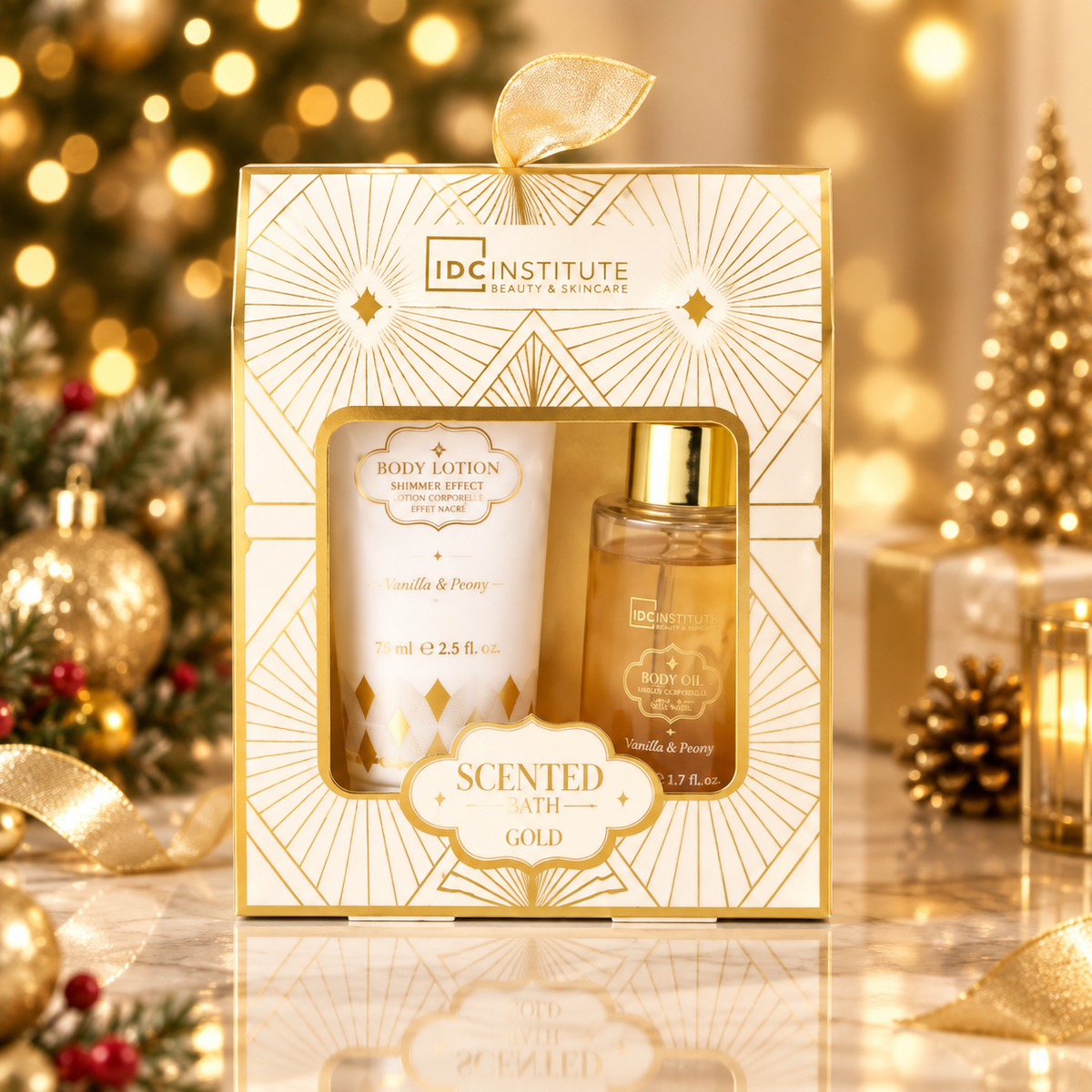 Lot de 4 Coffrets - Coffret Scented Bath Gold Body Glow Set – Lait Corps Pailleté & Huile Corps – IDC Institute